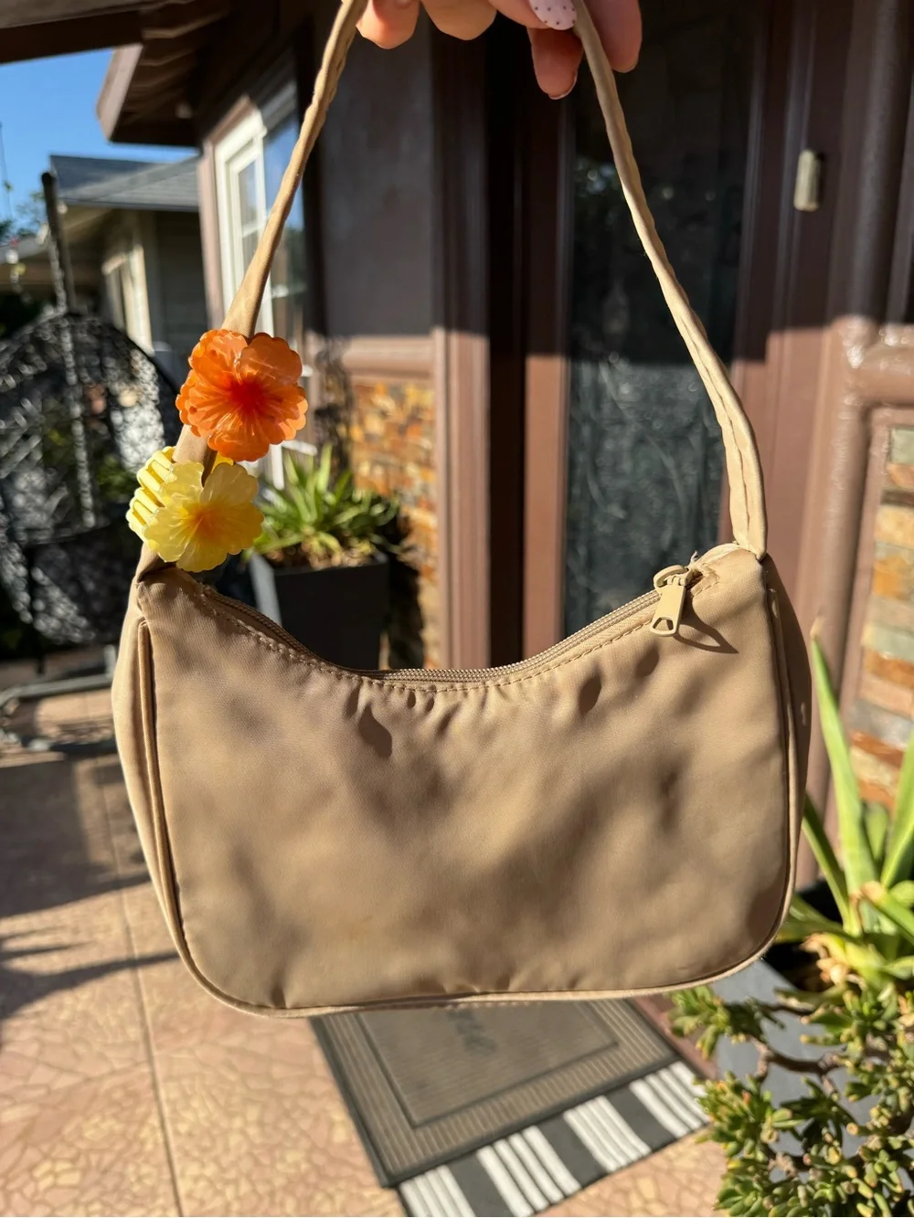 Neutral Beige Shoulder Bag with Floral Clips - Women's Shoulder Handbag
